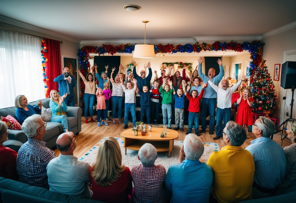 A living room filled with colorful decorations, a stage area with a spotlight, and a crowd of excited family members ready to showcase their talents