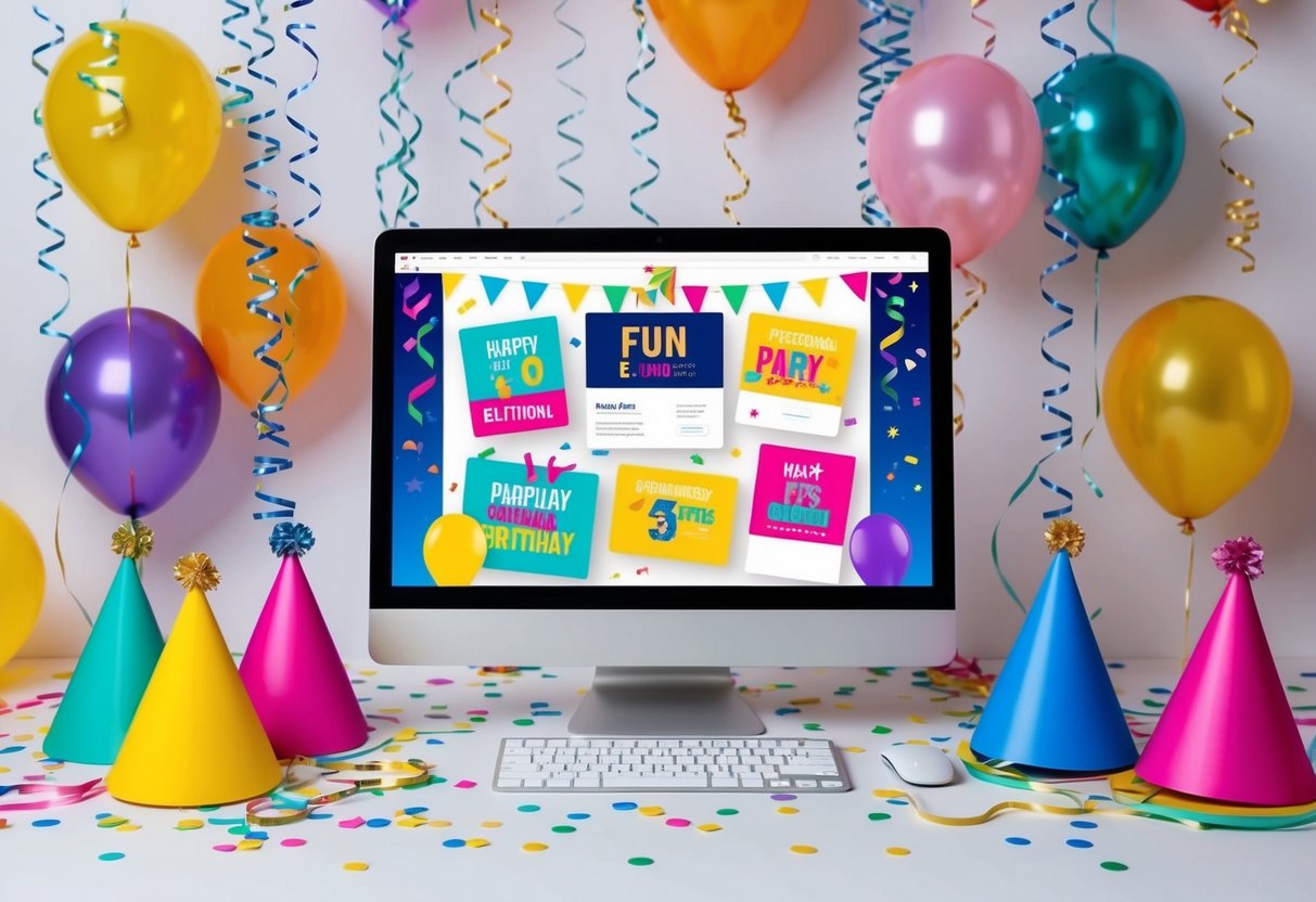 Colorful virtual party decorations, confetti, and balloons surround a computer screen displaying fun e-invites. A festive atmosphere with streamers and party hats creates a lively setting for a virtual birthday celebration