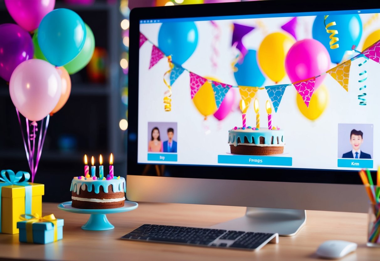 Colorful virtual party decorations, including balloons and streamers, adorn a computer screen. A festive cake and presents sit nearby, while virtual guests appear on the screen