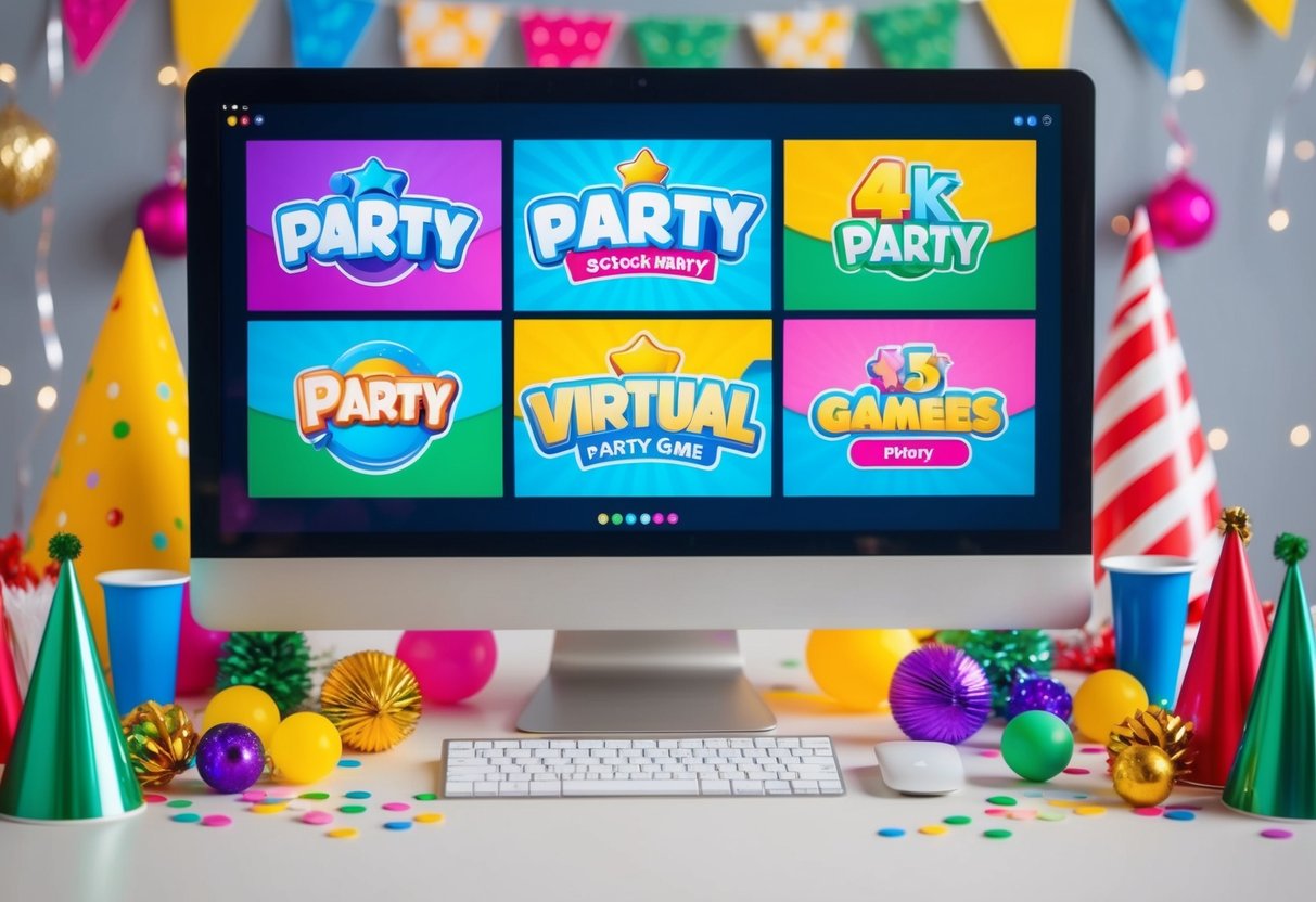 A group of colorful virtual party games displayed on a computer screen, surrounded by festive decorations and party supplies