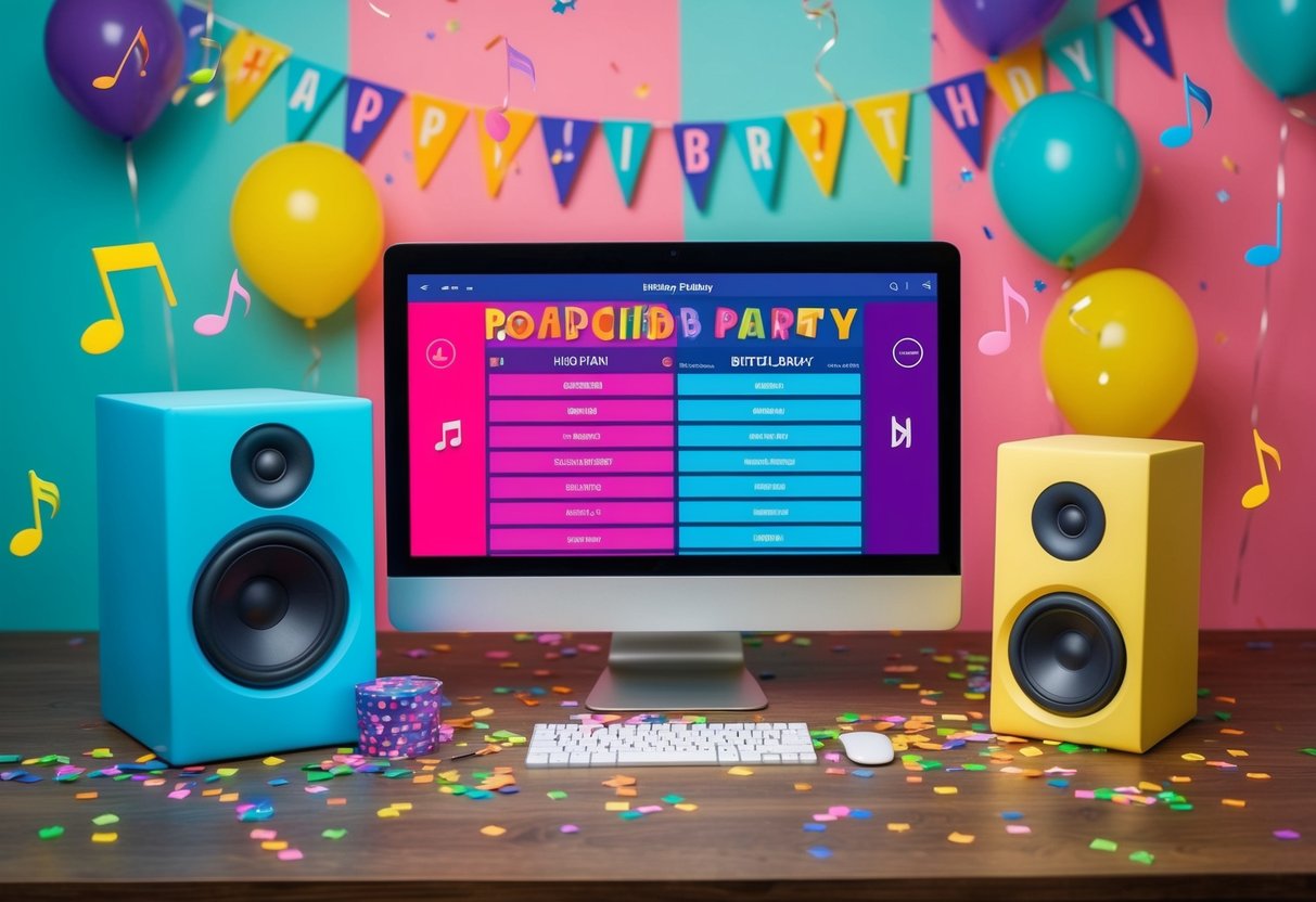 A colorful virtual birthday party with music notes, confetti, and a computer screen displaying a dance party playlist