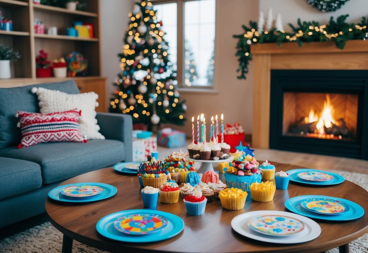 A cozy living room with a crackling fireplace, a table adorned with winter-themed decorations, and a colorful array of birthday treats and games