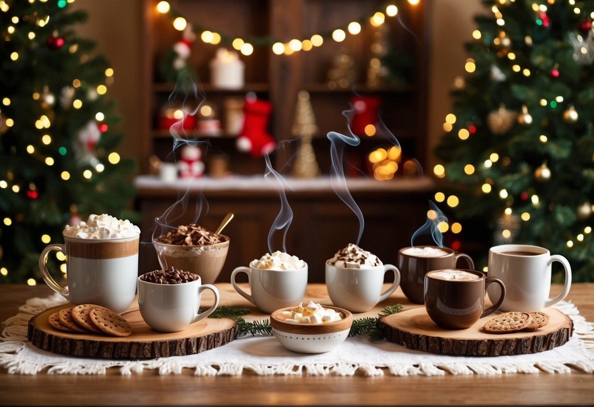 A cozy hot cocoa bar with assorted toppings and steaming mugs, surrounded by festive decorations and twinkling lights