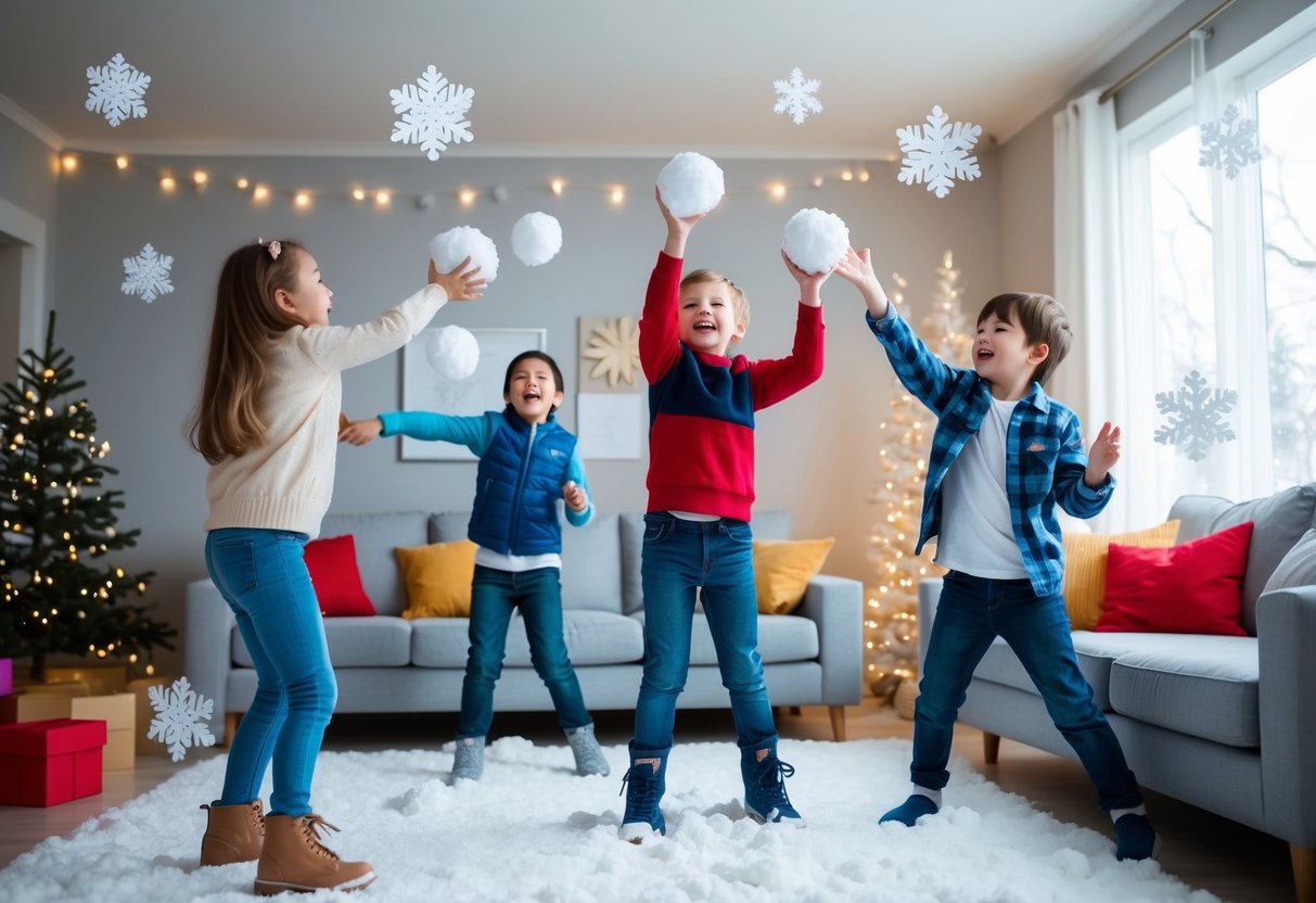 Children throwing snowballs in a living room filled with paper snowflakes and twinkling lights. Laughter fills the air as they playfully dodge and toss