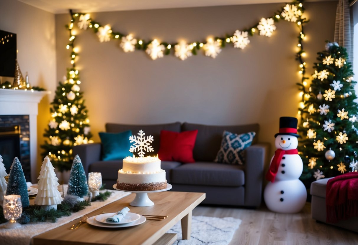 A cozy living room adorned with twinkling lights, snowflake garlands, and festive snowman decorations. A table set with winter-themed centerpieces and a birthday cake topped with a sparkling snowflake