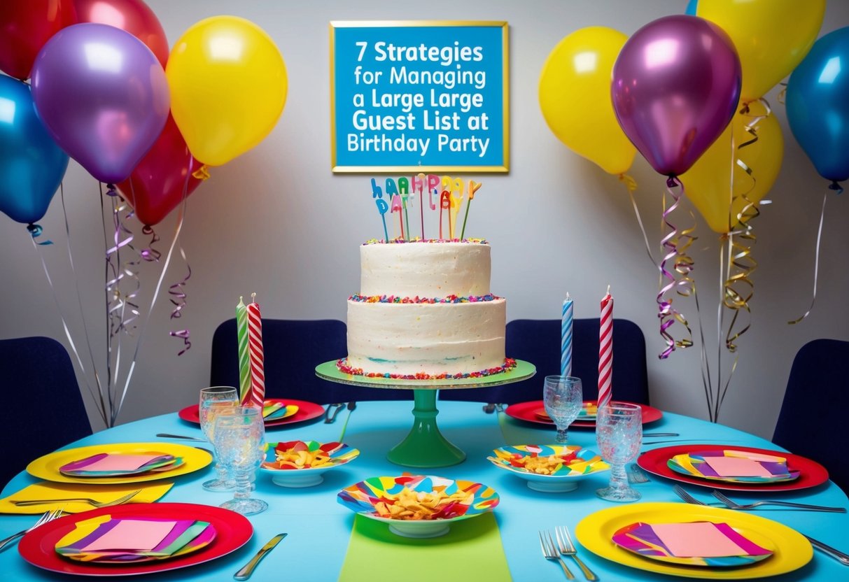 A table with colorful place settings and a large cake surrounded by balloons and streamers. A sign with "7 Strategies for Managing a Large Guest List at a Birthday Party" hangs on the wall