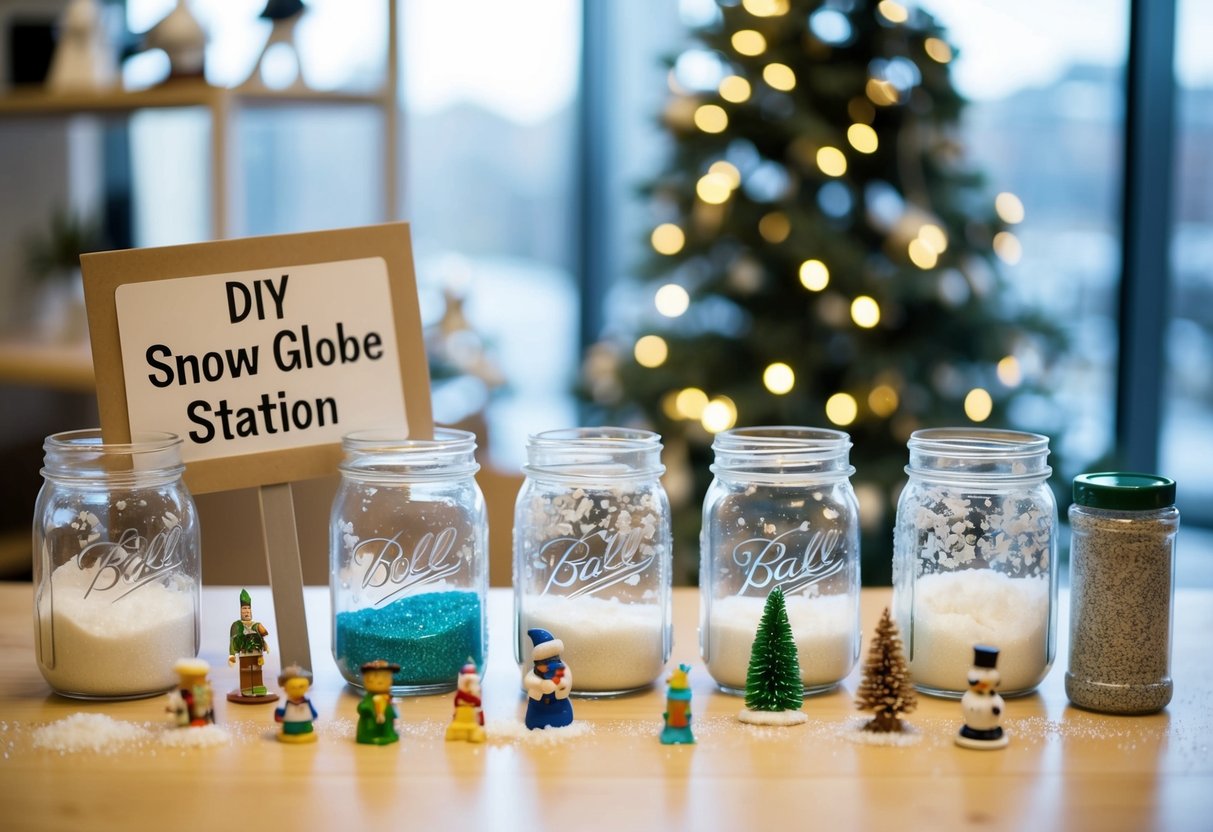 A table with various craft supplies like mason jars, glitter, small figurines, and fake snow. A sign reads "DIY Snow Globe Station."