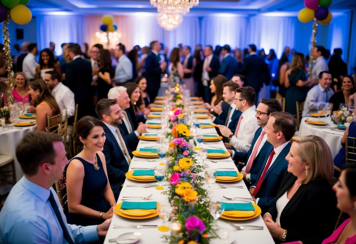 A long dining table with colorful place settings and party decorations, surrounded by a bustling crowd of guests mingling and enjoying the festivities