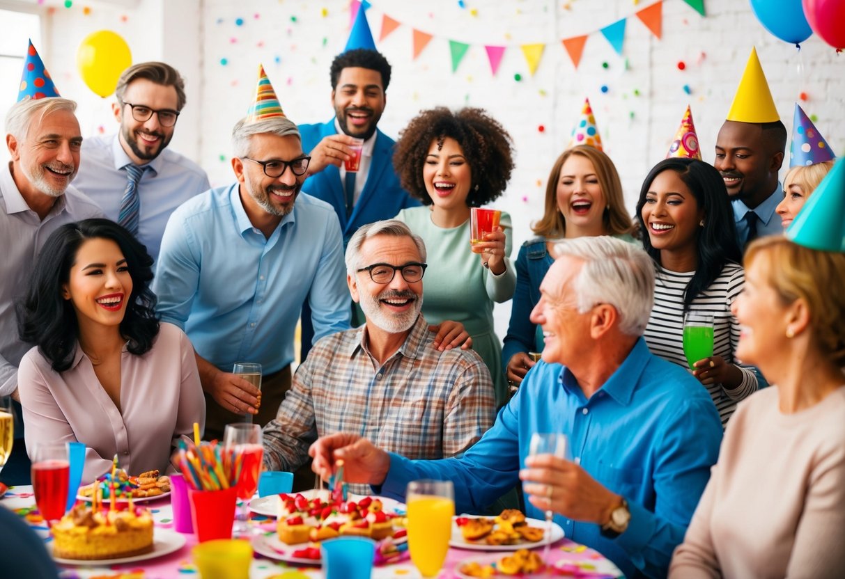 A diverse group of guests of varying ages mingling and enjoying a birthday party with colorful decorations and a festive atmosphere