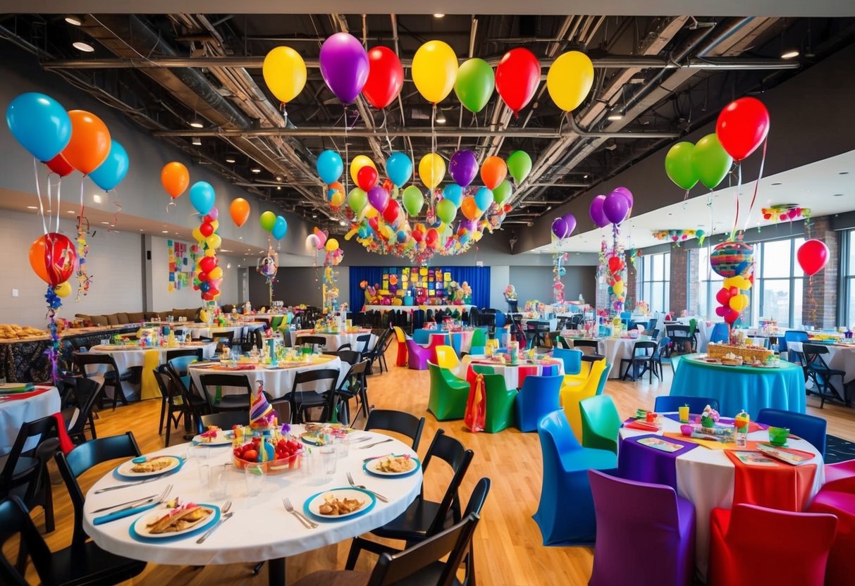 A large birthday party with designated activity zones: games, crafts, food, music, and seating areas. Colorful decorations and balloons fill the space