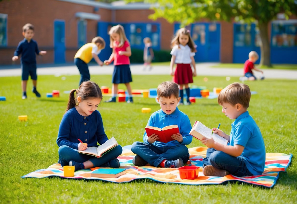 Children playing games, reading books, drawing, and having a picnic in a colorful schoolyard on a sunny day