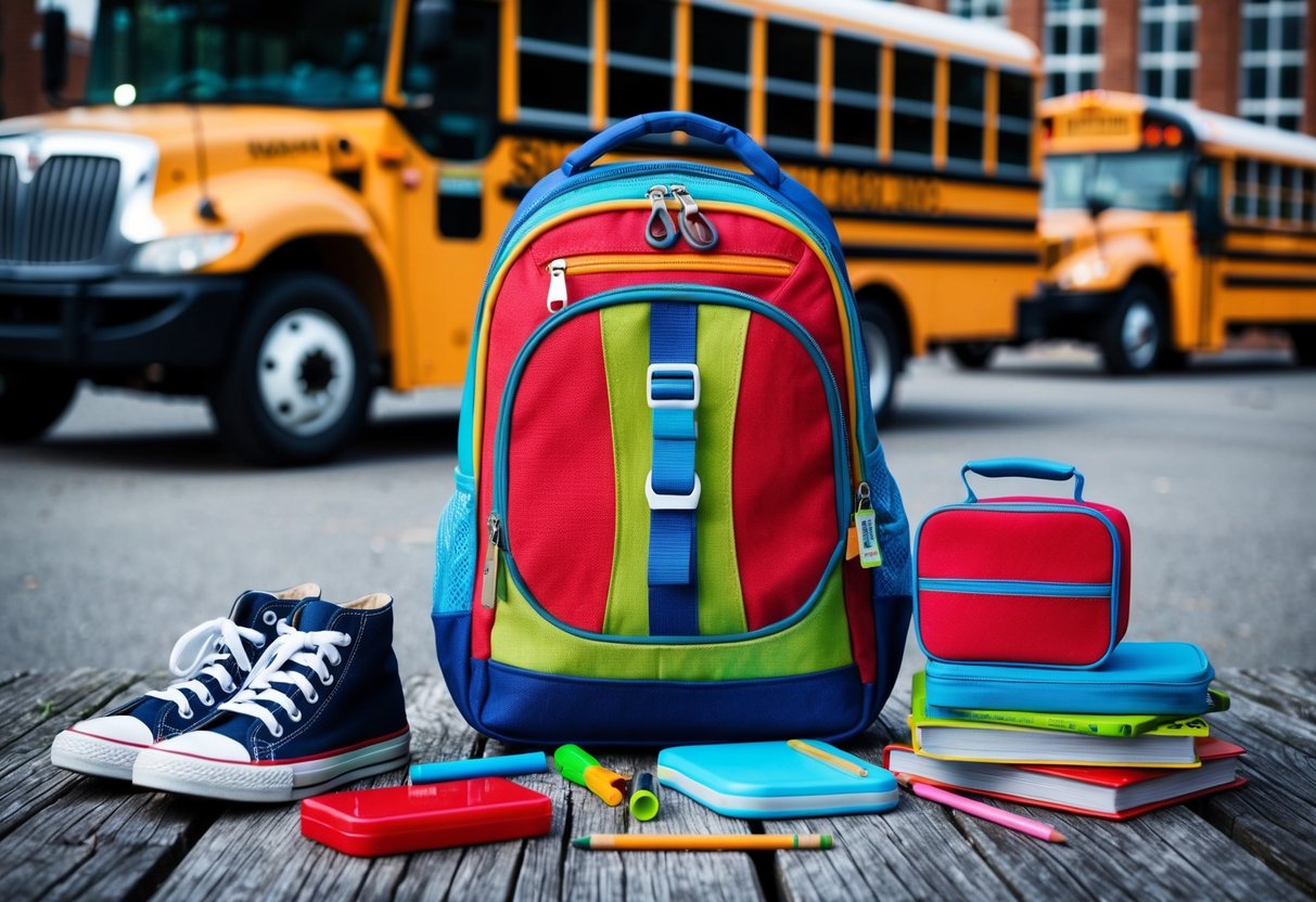 A colorful backpack surrounded by school supplies, a lunchbox, and a small pair of shoes, with a backdrop of a school bus and a school building