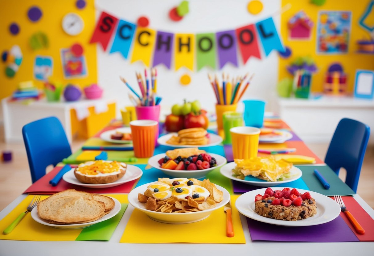 A colorful table set with a variety of breakfast foods, surrounded by cheerful decorations and school-themed elements