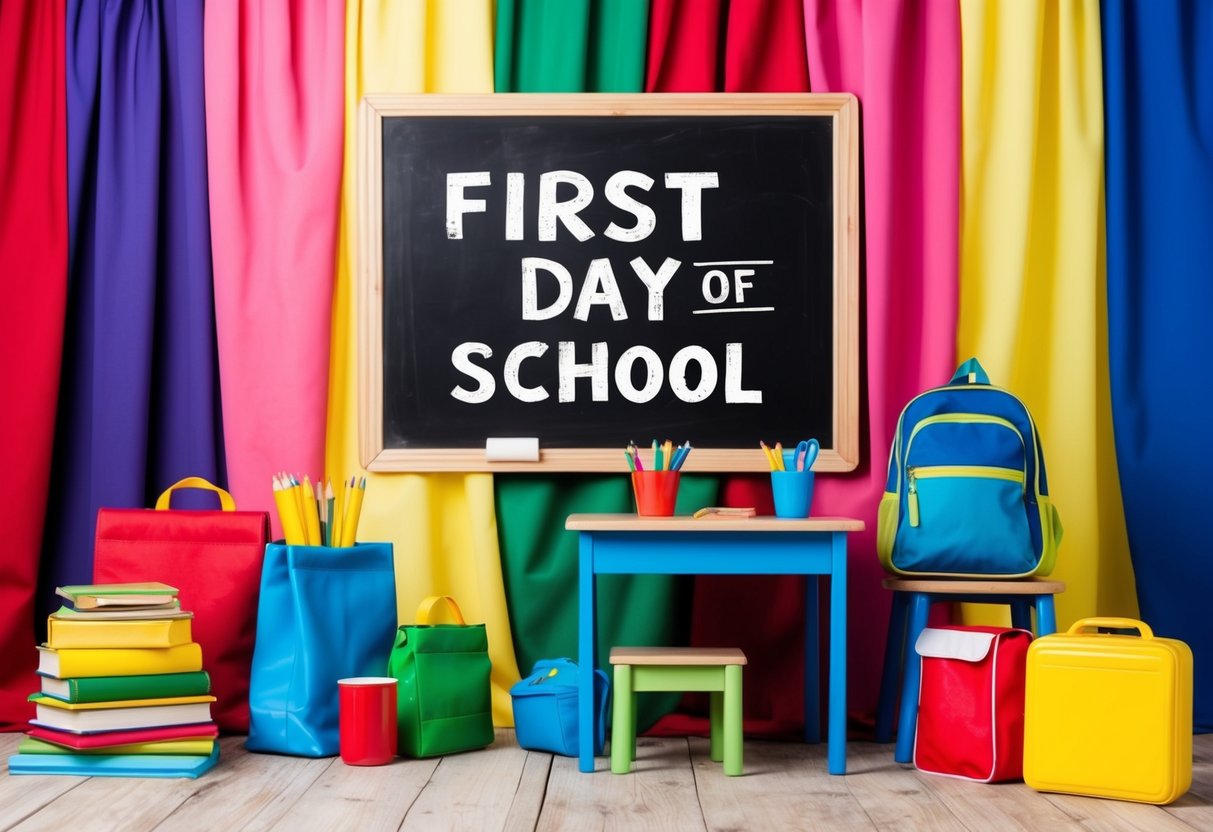 A colorful backdrop with school supplies scattered around, a chalkboard with "First Day of School" written on it, and a child-sized desk with a backpack and lunchbox