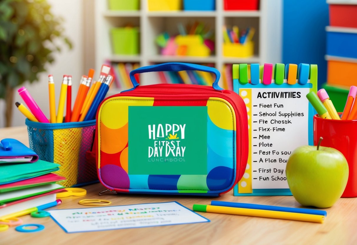 A colorful lunchbox surrounded by playful school supplies and a cheerful atmosphere, with a list of fun activities for a child's first day of school