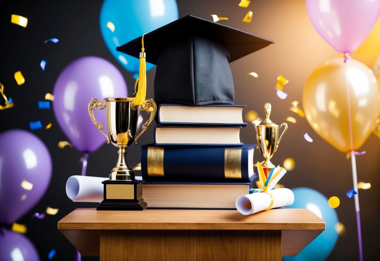 A podium with a stack of books, a graduation cap, a trophy, a scroll, and a diploma surrounded by confetti and balloons