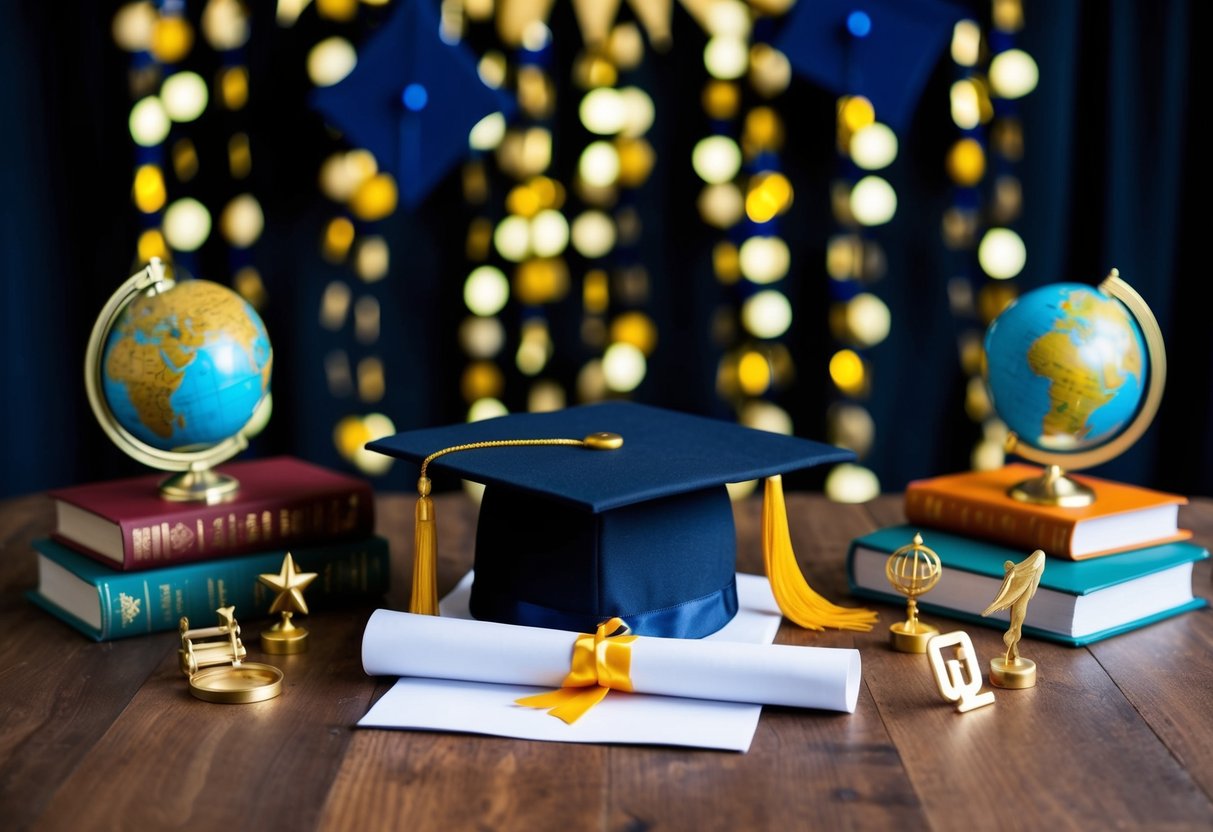 A graduation cap and diploma surrounded by festive decorations and themed props, such as books, globes, and academic symbols, set up for a themed graduation party