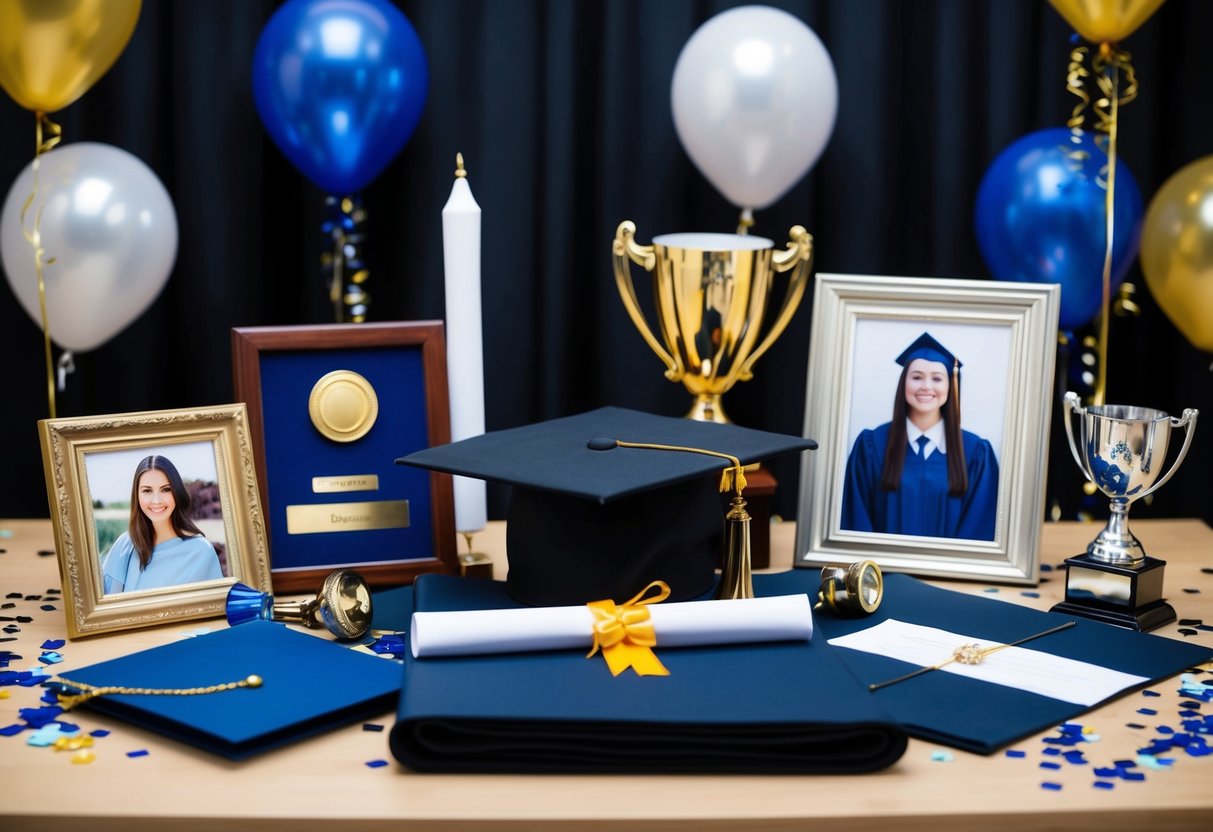 A table adorned with a variety of graduation mementos, including a cap, diploma, trophy, and framed photo. Balloons and confetti add a festive touch