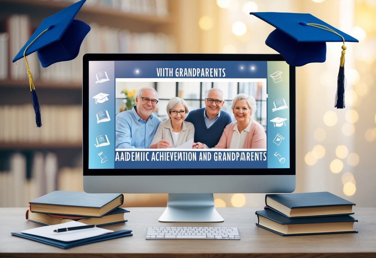 A computer screen displays a virtual celebration with grandparents. Academic achievement symbols like books, diplomas, and graduation caps surround the screen