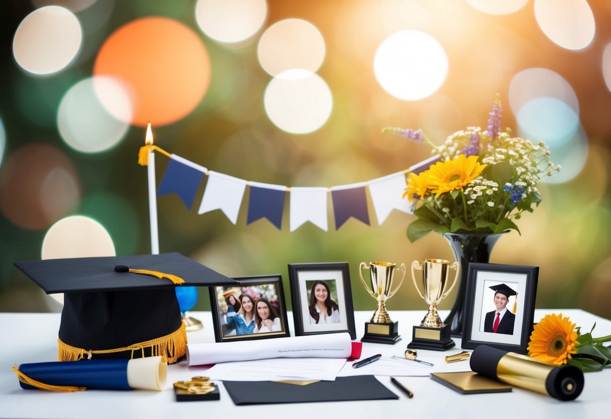 A table with various graduation-themed items: cap, diploma, photos, trophies, flowers, and a banner