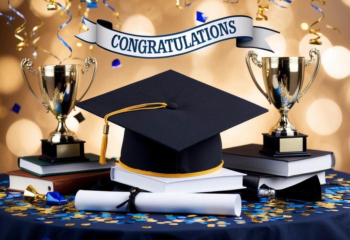 A graduation cap surrounded by confetti, trophies, books, and a diploma on a table with a banner that reads "Congratulations" in a festive setting