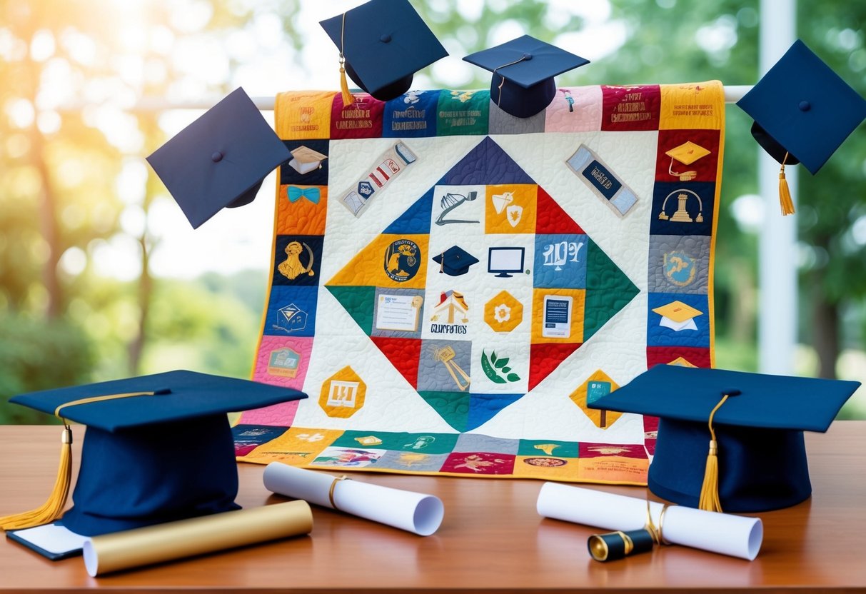 A colorful quilt adorned with symbols of achievement and memories, surrounded by graduation caps and diplomas