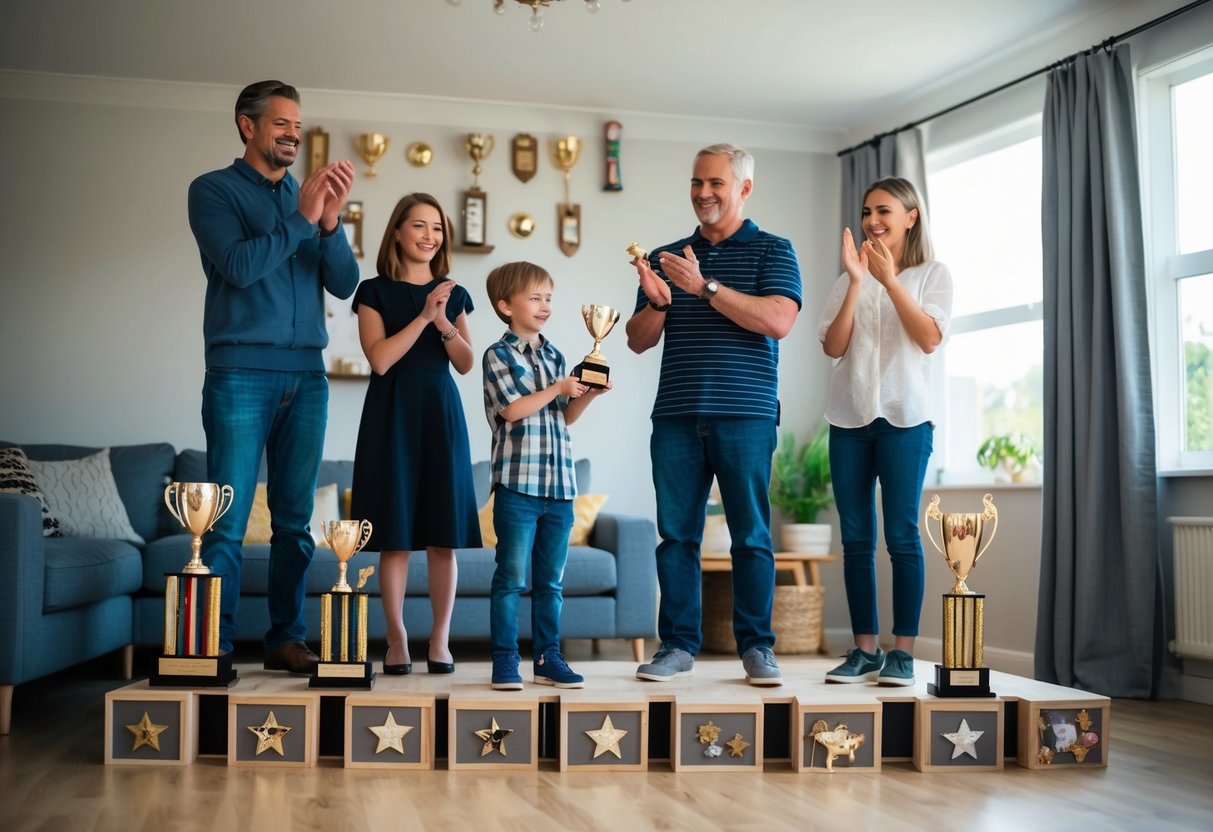 A family room with a makeshift stage, adorned with handmade trophies and decorations. A proud family applauds as a child receives a trophy for their academic achievement