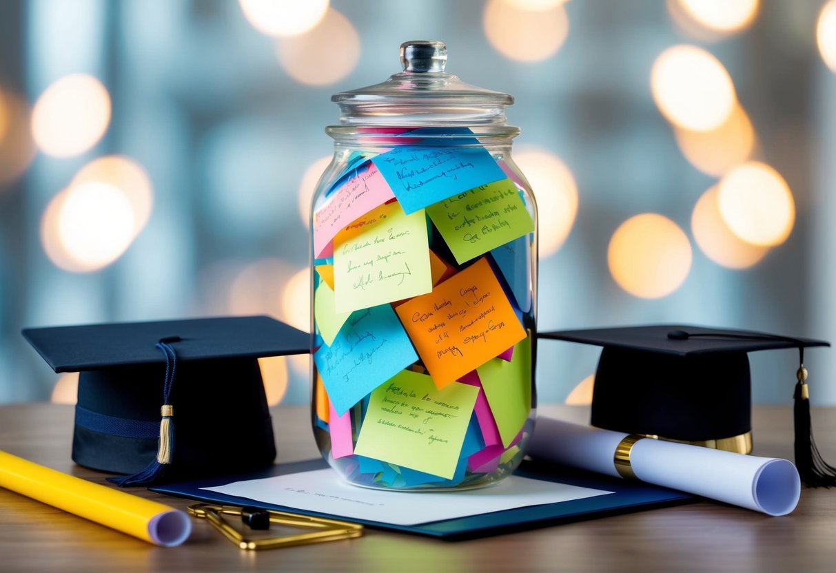 A glass memory jar filled with colorful handwritten notes, surrounded by graduation cap, diploma, and other celebratory items