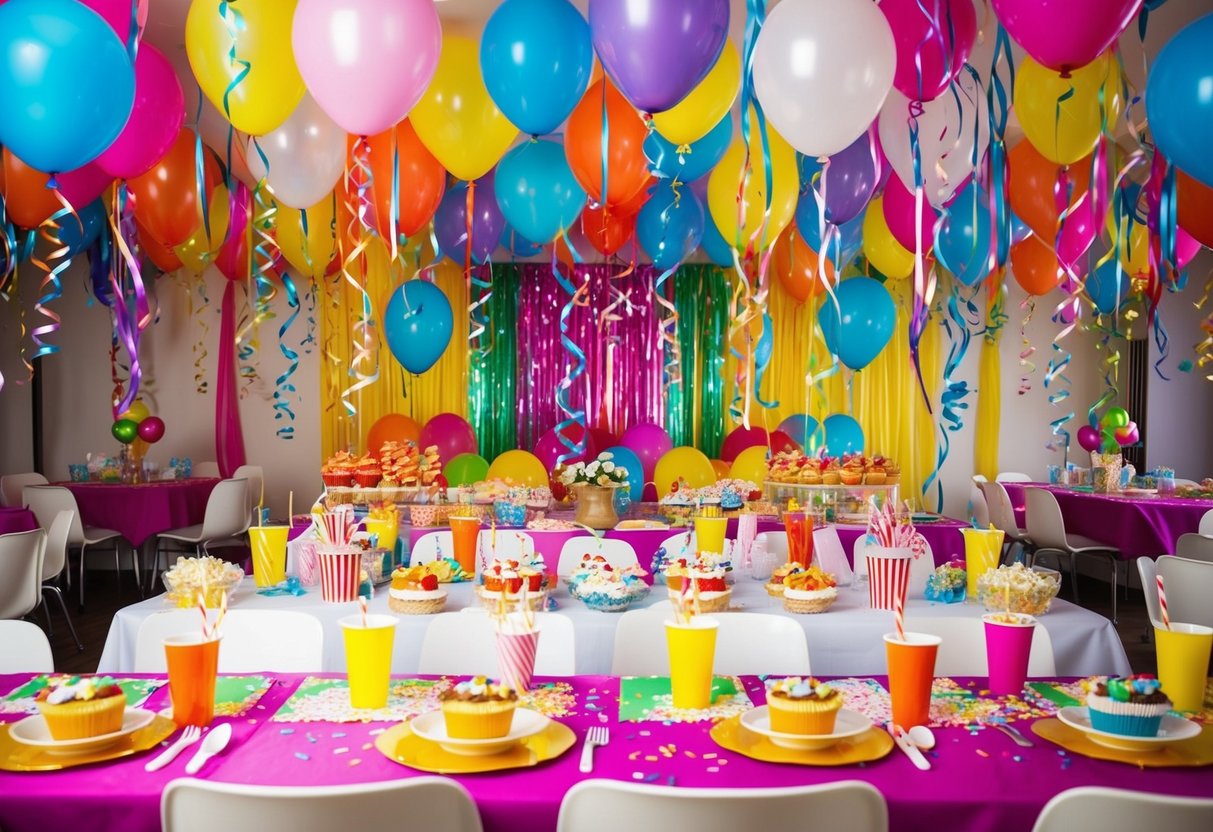 A colorful array of party decorations, including balloons, streamers, and confetti, fills a festive space. Tables are adorned with treats and drinks, while upbeat music sets the lively atmosphere