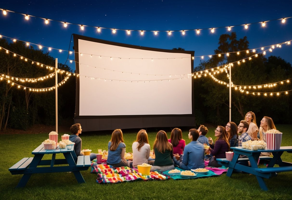 A large outdoor screen is set up in a grassy area, surrounded by string lights and colorful blankets. Popcorn and snacks are spread out on picnic tables, and a group of excited friends are gathered around, ready to watch a movie under the stars