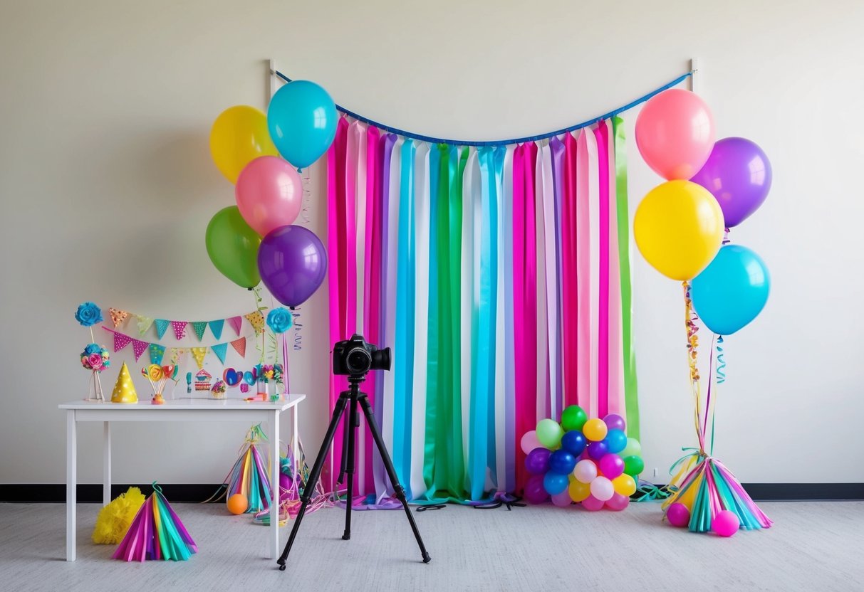 A colorful backdrop with streamers, balloons, and props set up in front of a blank wall. A camera on a tripod and a table with a variety of DIY photo booth props and accessories