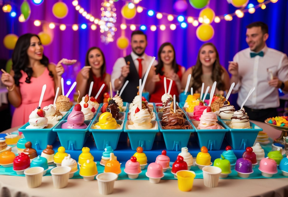 A colorful ice cream sundae bar with various toppings and sauces arranged neatly on a table, surrounded by excited party decorations and festive lights