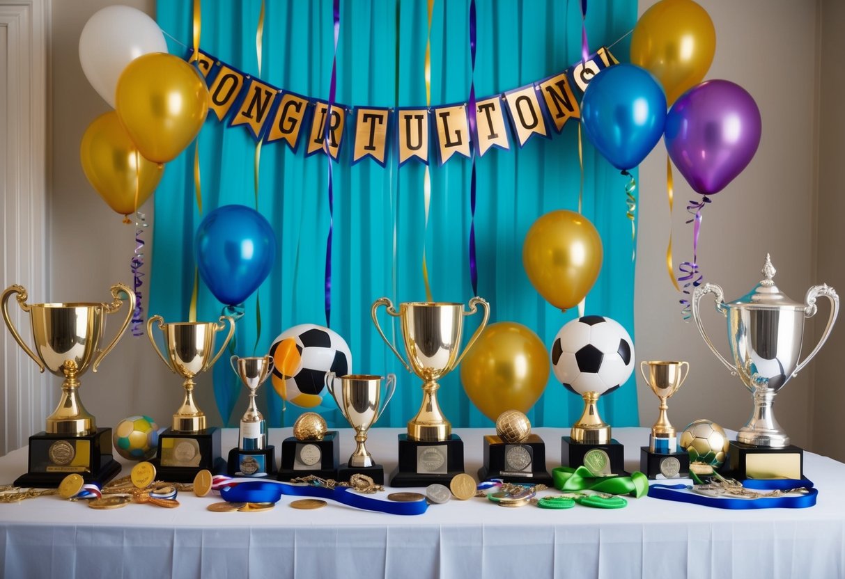 A festive table adorned with trophies, medals, and sports equipment. Balloons and streamers decorate the room, while a banner reads "Congratulations!" in bold letters