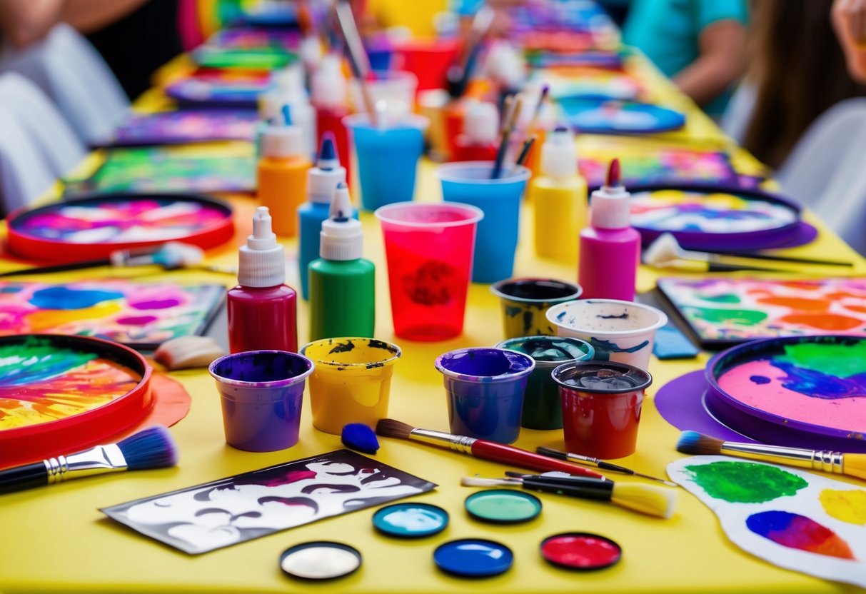 A colorful array of face painting supplies and designs, including vibrant paints, brushes, and stencils, set up at a festive end-of-school-year party