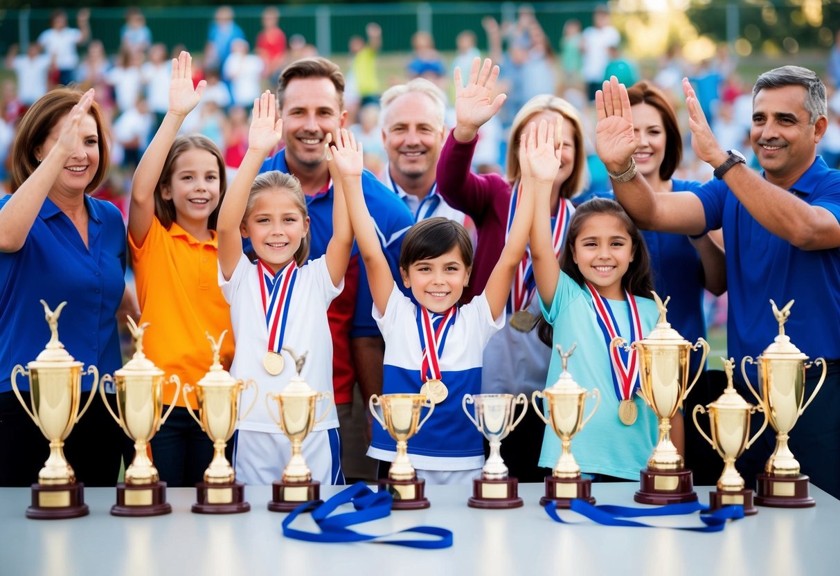 A child's sports achievements celebrated with trophies, medals, cheering crowd, proud parents, and coach giving high fives