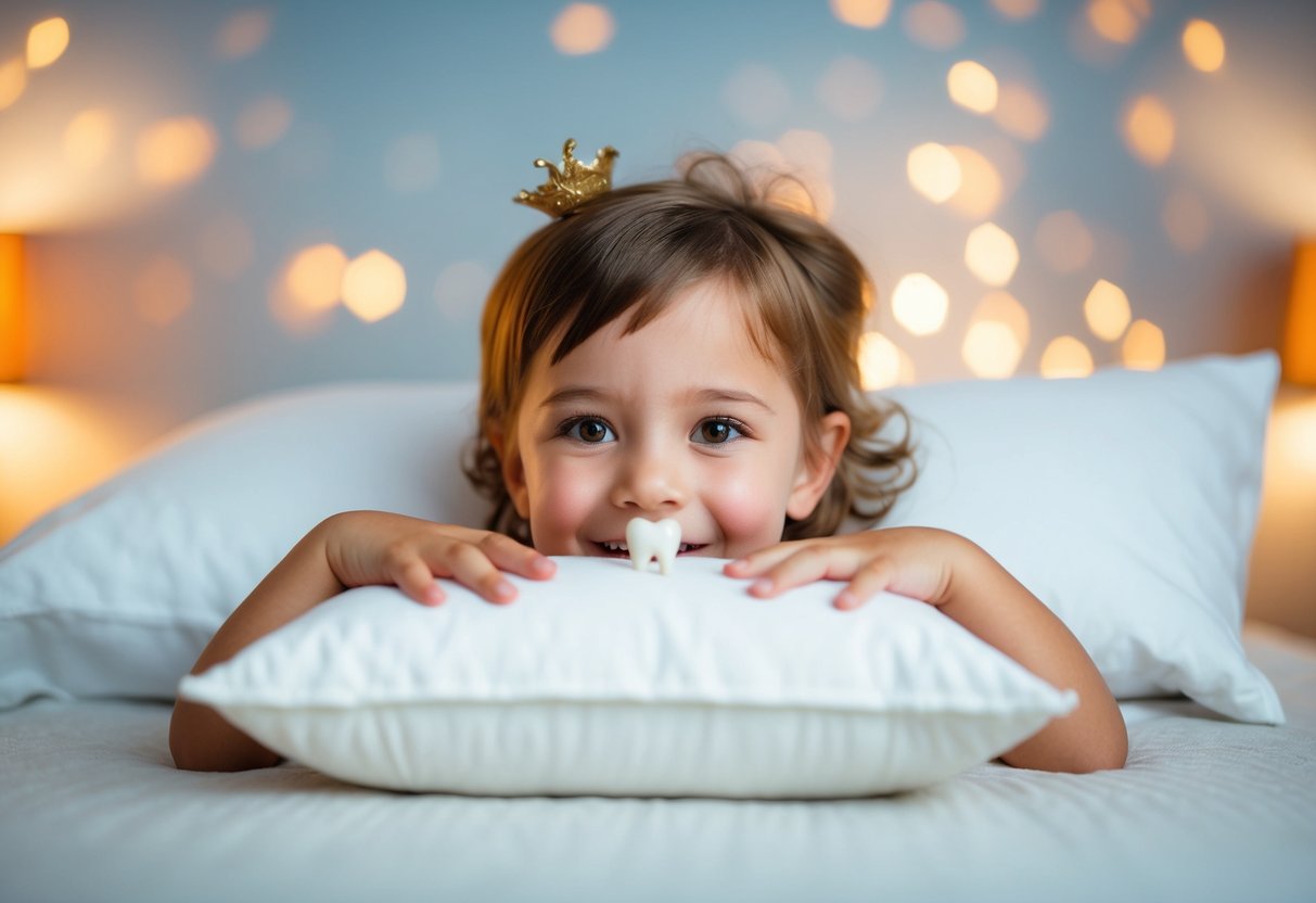 A young child places their first lost tooth under a pillow, eagerly awaiting a visit from the tooth fairy