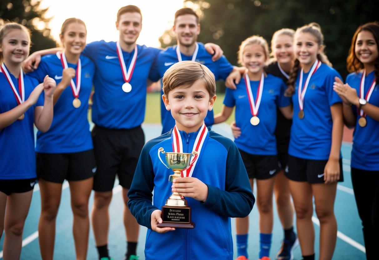 A child standing proudly with a personalized trophy or medal, surrounded by cheering teammates and supportive parents