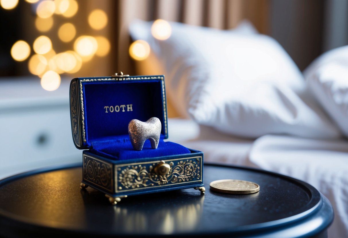 A small, ornate box sits on a bedside table, filled with a tiny tooth and a shimmering coin. A child's smile lights up the room