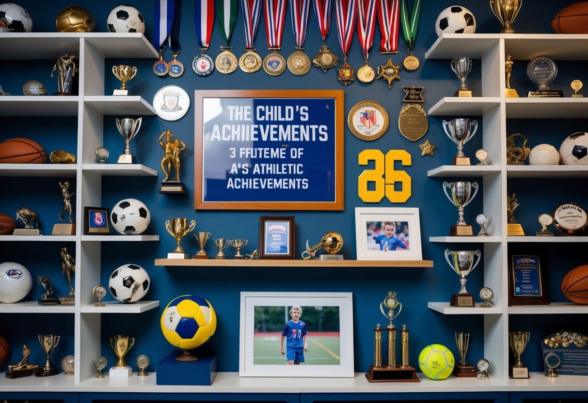 A wall covered in sports memorabilia, medals, and trophies, with shelves displaying awards and framed photos of the child's athletic achievements