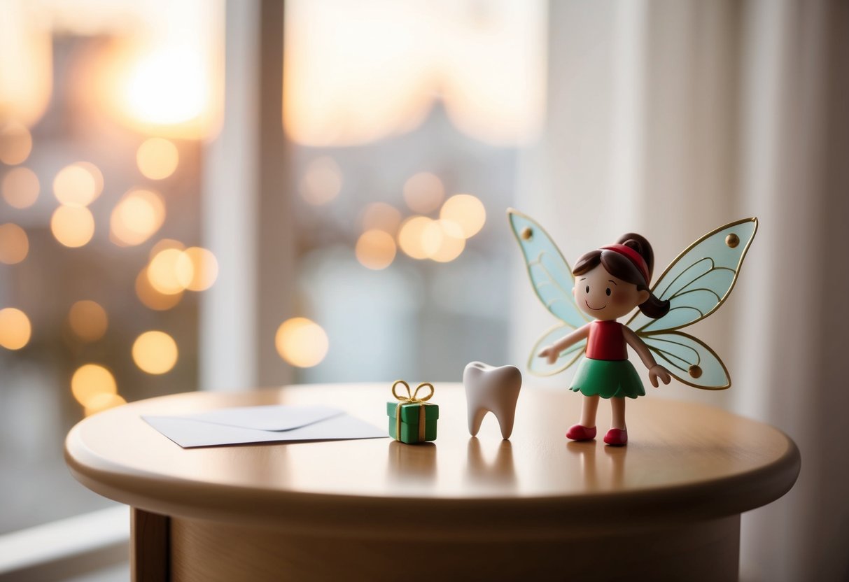 A tooth fairy leaving a tiny letter and a small gift next to a child's lost tooth on a bedside table