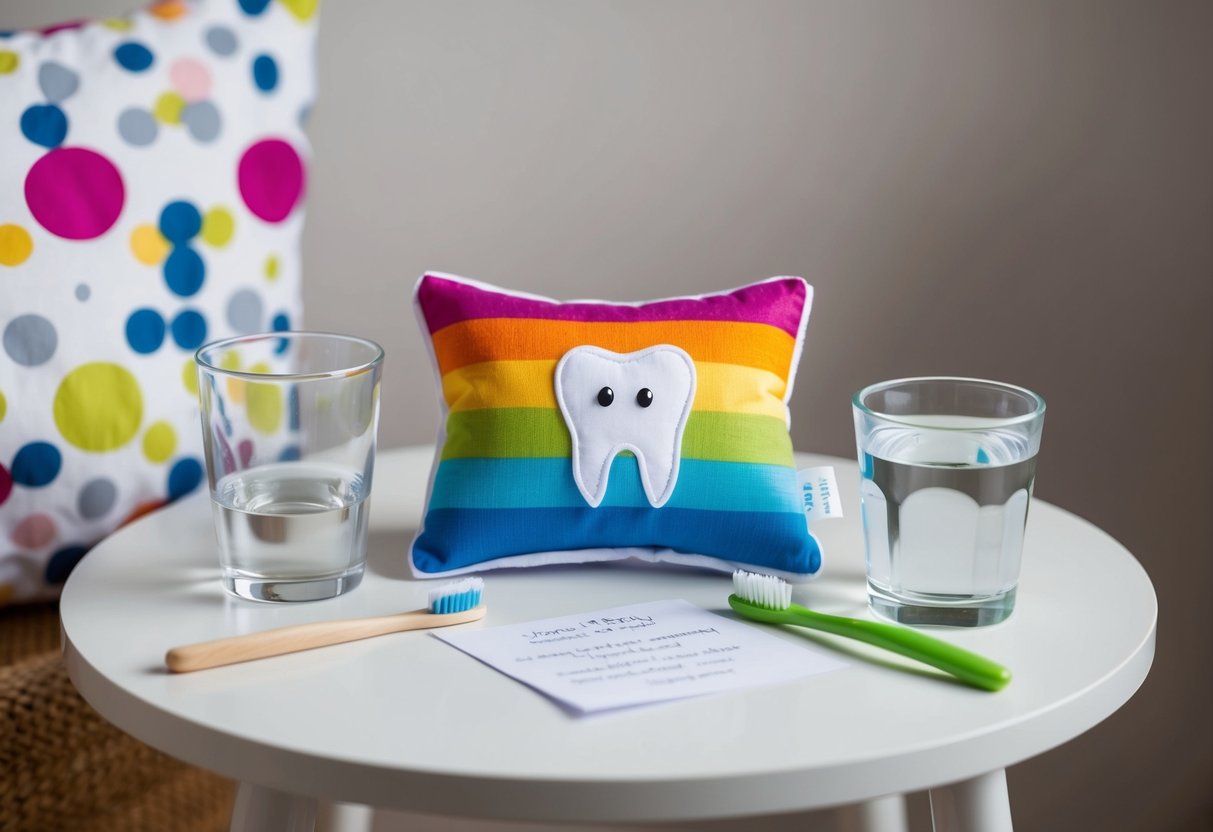 A small, colorful pillow adorned with a tooth fairy design sits on a child's bedside table, surrounded by a toothbrush, a glass of water, and a note for the tooth fairy