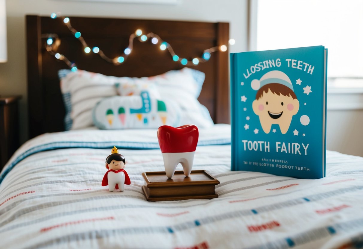 A child's bedroom with a tooth under the pillow, a tooth fairy figurine, and a book about losing teeth