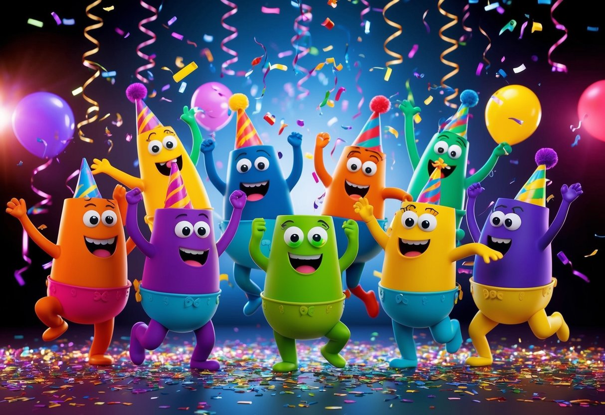 A group of colorful, animated potty training characters dancing and celebrating with confetti and streamers in a lively, festive atmosphere