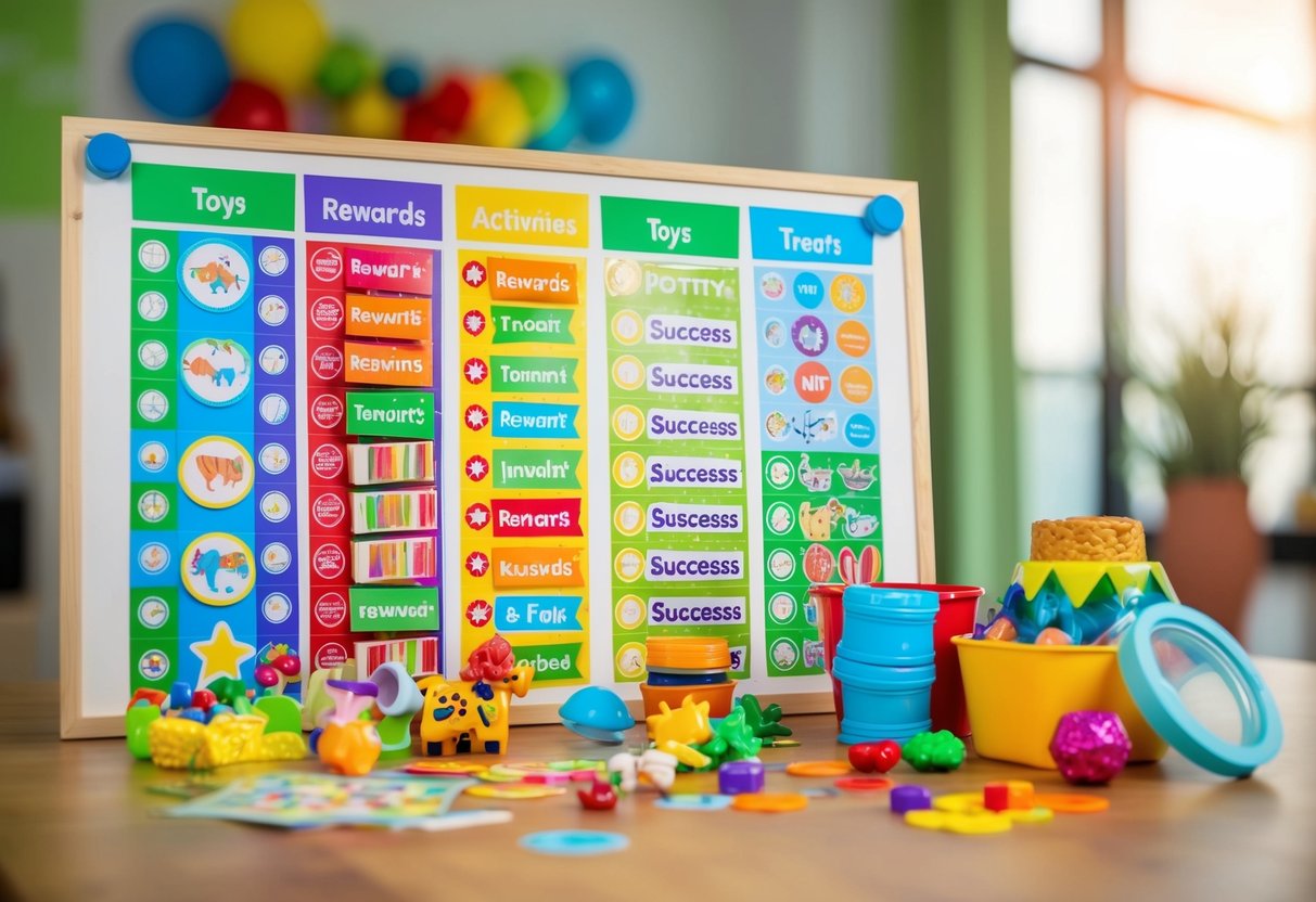 A colorful sticker chart with various fun rewards displayed, including toys, treats, and activities to celebrate potty training success