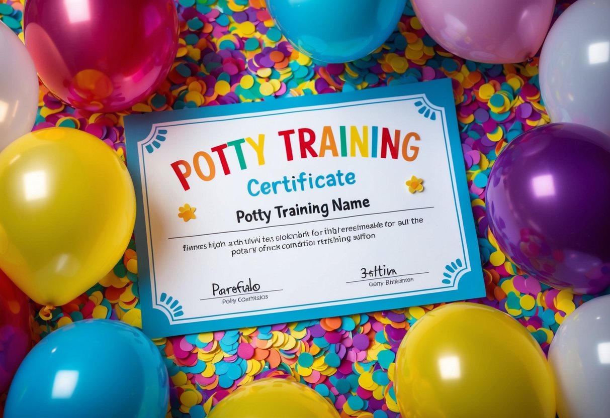 A child's potty training certificate surrounded by colorful confetti and balloons