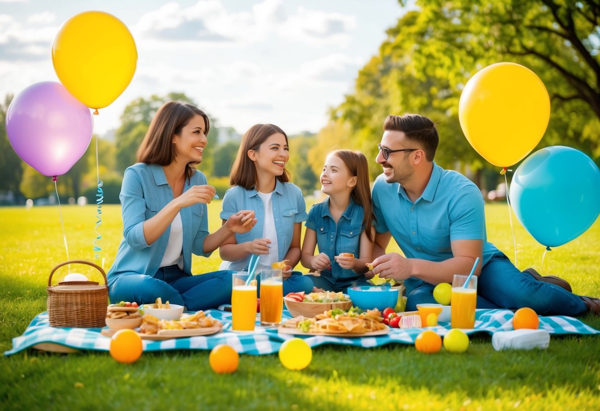 A picnic in a sunny park with balloons, a large blanket, and a spread of food and drinks. A family of four enjoys games and laughter