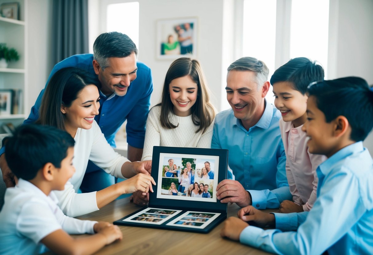 A family gathered around a table, looking at a customized photo album. Smiles, laughter, and memories fill the room