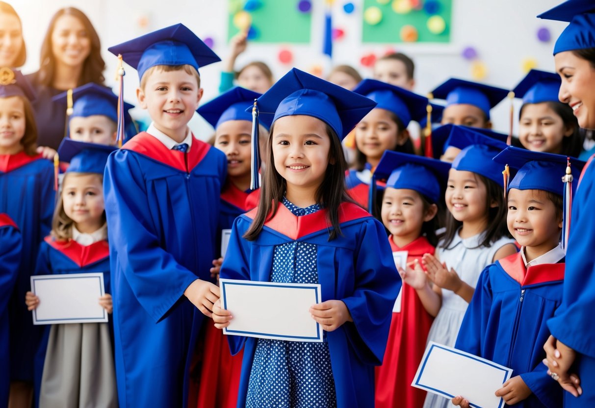 A kindergarten graduation ceremony with children wearing caps and gowns, receiving certificates, and celebrating with parents and teachers