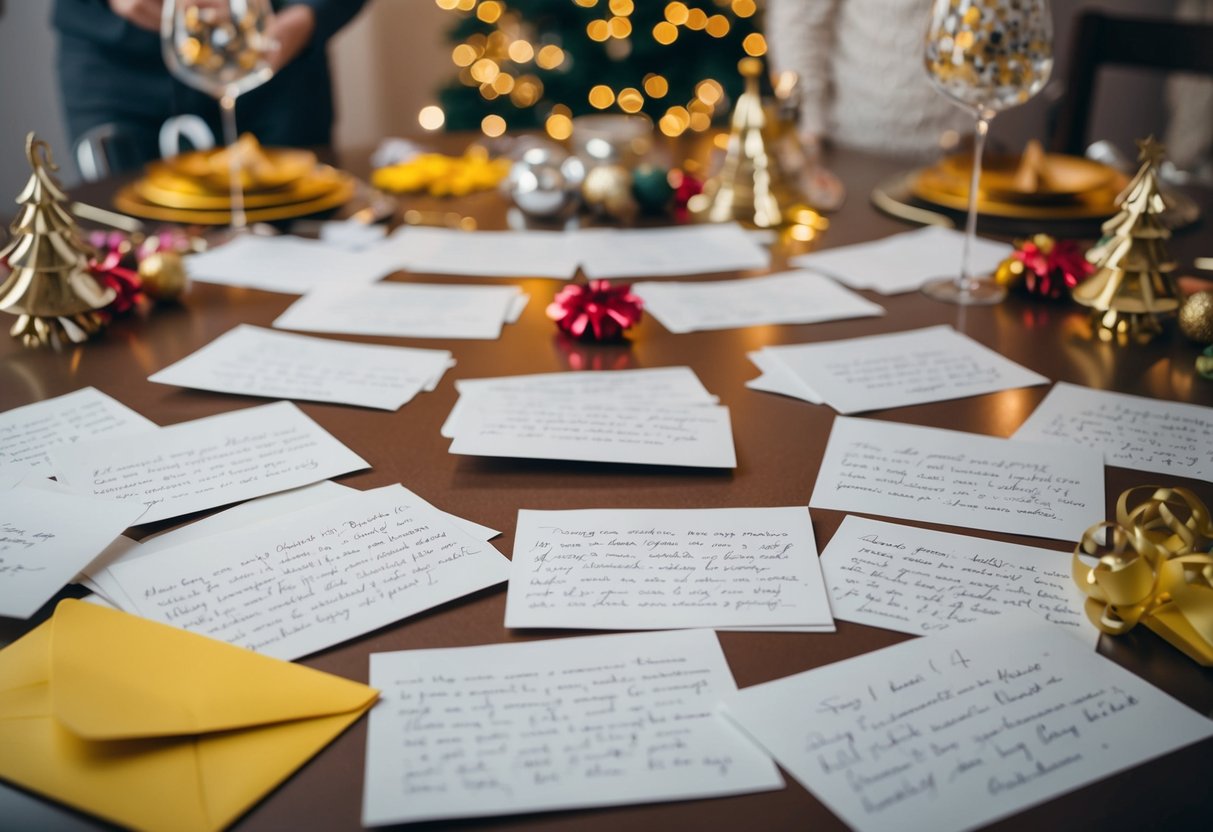 A collection of handwritten letters from each family member, scattered on a table surrounded by celebratory decorations and mementos