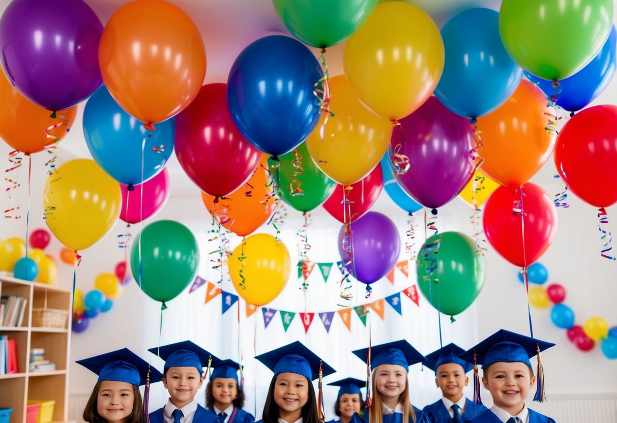 A group of colorful balloons and festive decorations fill a bright and cheerful room, setting the stage for a joyful kindergarten graduation celebration